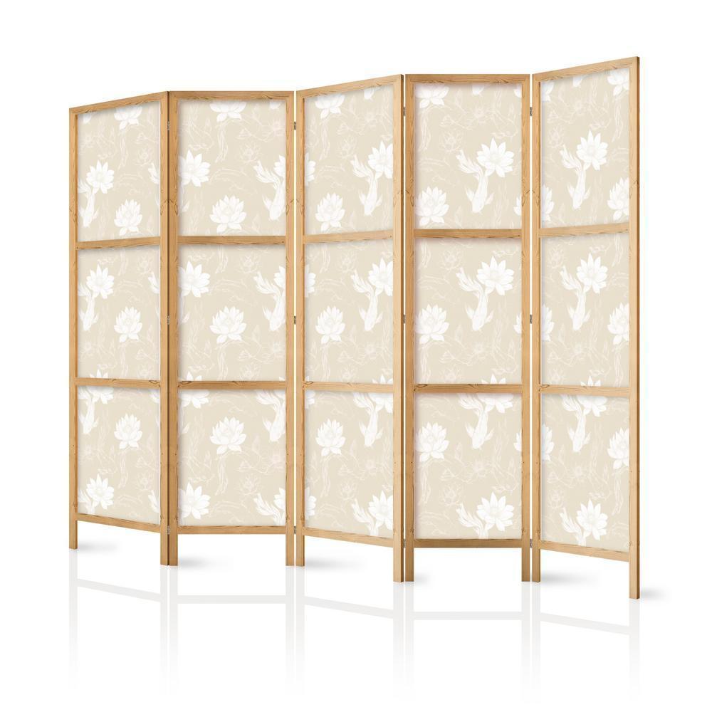 Japanese Room Divider - Fish and Water Lilies - Light Oriental Fish Swimming Among Water Flowers on a Delicate Sand-Beige Background