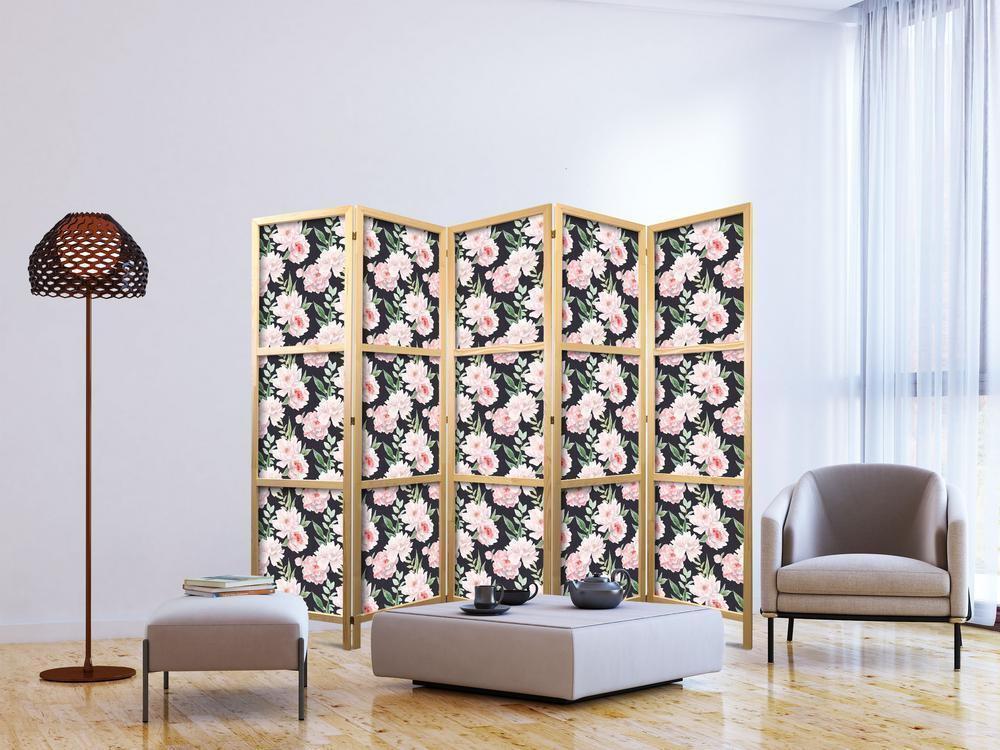 Japanese Room Divider - Peonies - Pink Flowers and Green Leaves on a Graphite Background