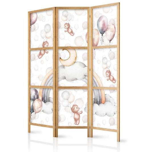 Japanese Room Divider - Plush Bears with Balloons - Flying Light-Brown Bears Among Balloons - Clouds - and Rainbows in Subdued - Pastel Colors