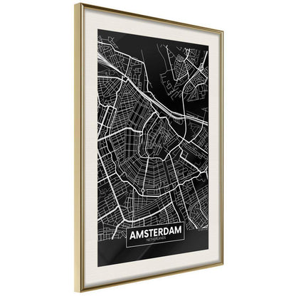 Wall Art Framed - City Map: Amsterdam (Dark)-artwork for wall with acrylic glass protection