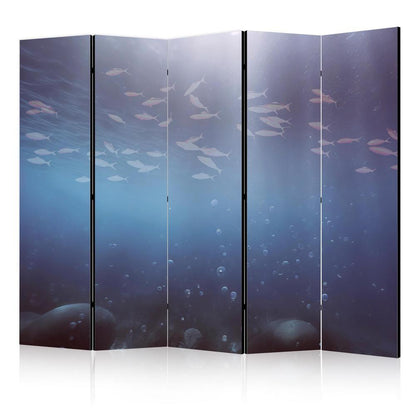 Room Divider - School of Small Fish - Illuminated Oceanic Depth in Shades of Navy Purple and Gray with a Shoal of Tiny Fish- A 5 Panel Folding Screen For Living rooms, bedrooms or home office, decorative folding screen made with wood and canvas