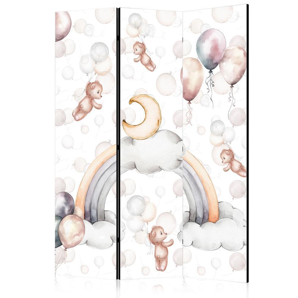 Room Divider - Plush Bears with Balloons - Flying Light-Brown Bears Among Balloons - Clouds - and Rainbows in Subdued - Pastel Hues