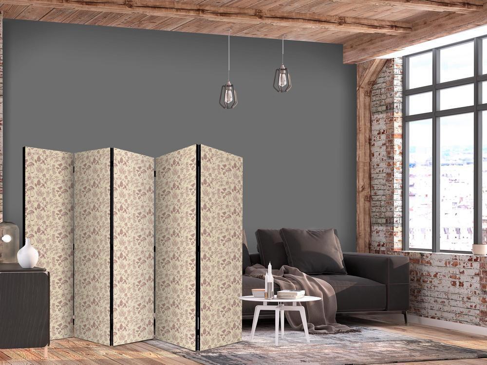 Room Divider - Beige Nature of the Forest - Mushrooms Flowers and Herbs on a Light Background- A 5 Panel Folding Screen For Living rooms, bedrooms or home office, decorative folding screen made with wood and canvas