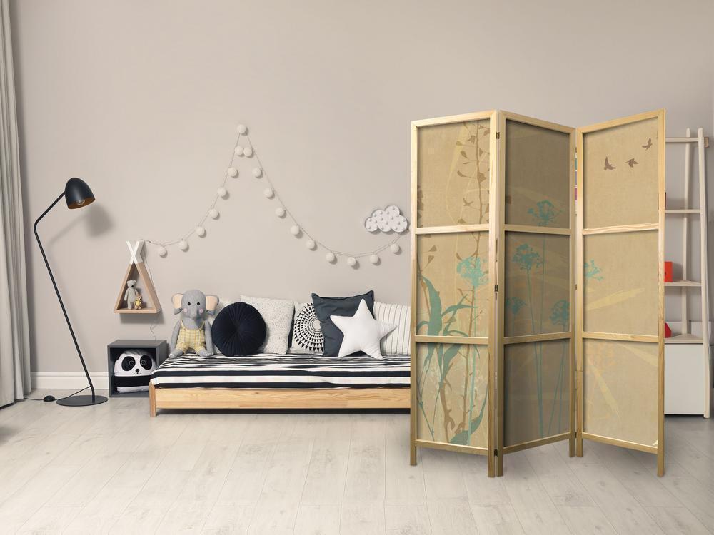 Japanese Room Divider - Tiny Bird - Colorful grasses in golden shades of sunset