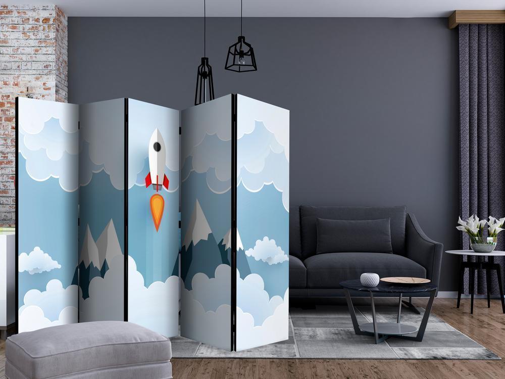 Room Divider - Rocket in the Clouds II- A 5 Panel Folding Screen For Living rooms, bedrooms or home office, decorative folding screen made with wood and canvas