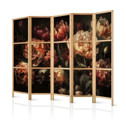 Japanese Room Divider - Magnificent Tulips - Bouquet of Flowers in Red and White on a Black Background