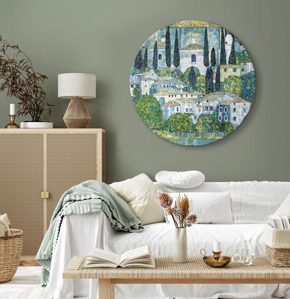Circle shape wall decoration with printed design - Round Canvas Print - Church in Cassone Gustav Klimt - German Architecture by the River - ArtfulPrivacy
