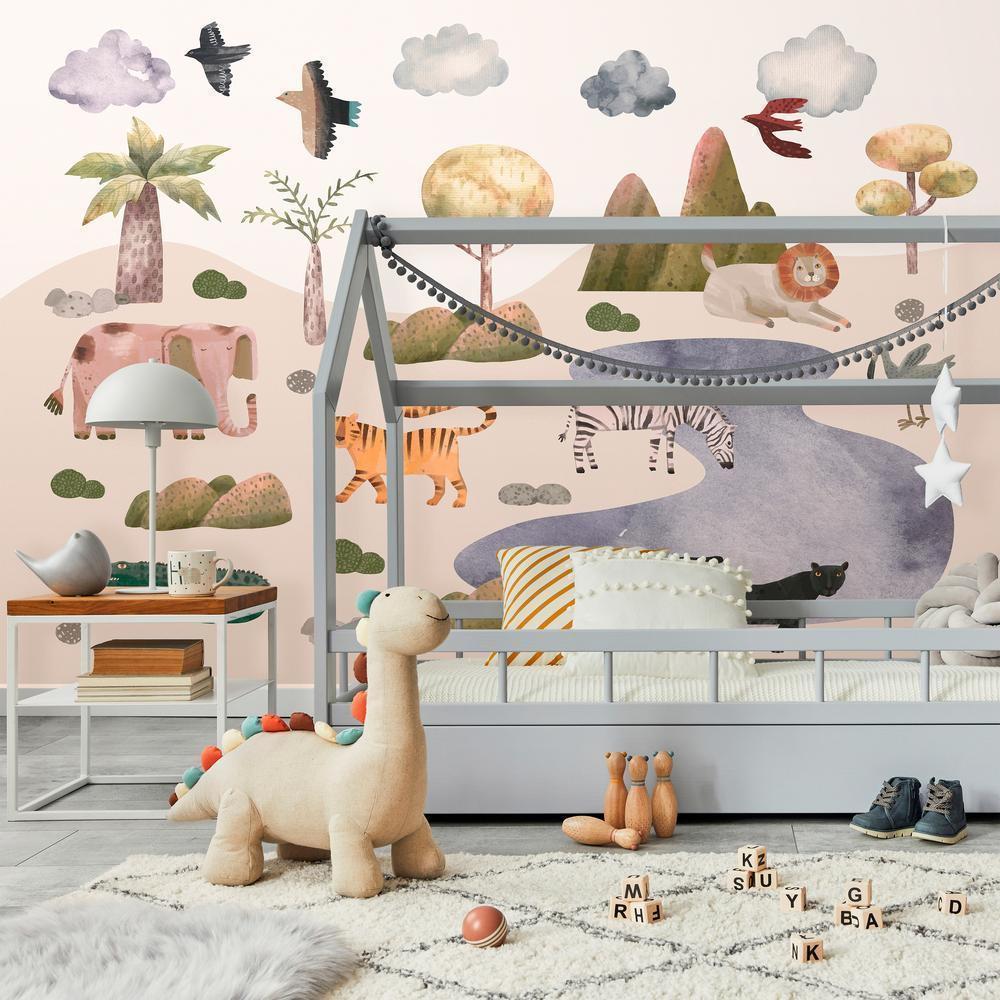 Wall Mural - Africa for Toddlers - Savannah Animals in Pastel Colours-Wall Murals-ArtfulPrivacy