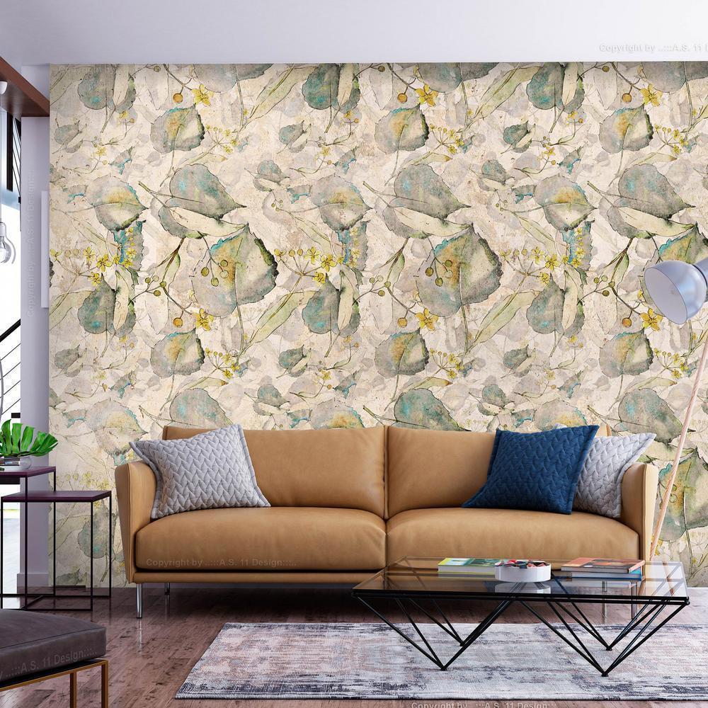 Wall Mural - Green and yellow autumn souvenirs - floral design with leaves-Wall Murals-ArtfulPrivacy