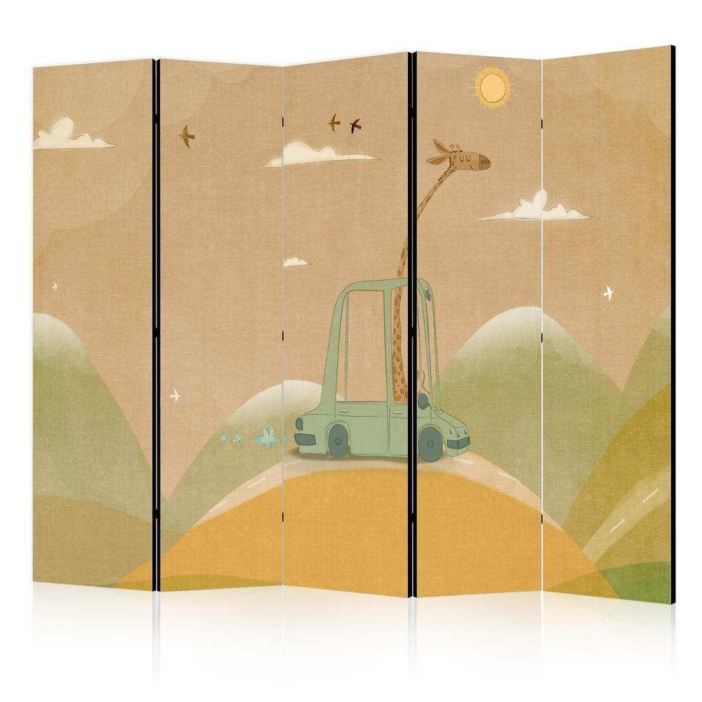 Room Divider - Dreamy Traveler - Giraffe Driving a Car on a Beautiful Sunny Day- A 5 Panel Folding Screen For Living rooms, bedrooms or home office, decorative folding screen made with wood and canvas