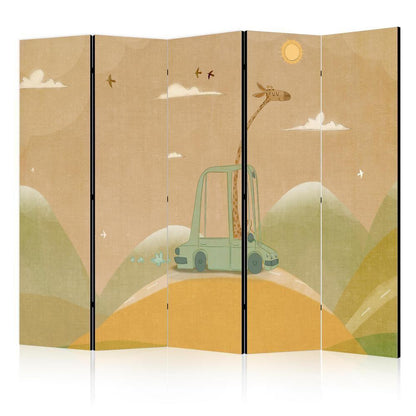 Room Divider - Dreamy Traveler - Giraffe Driving a Car on a Beautiful Sunny Day- A 5 Panel Folding Screen For Living rooms, bedrooms or home office, decorative folding screen made with wood and canvas