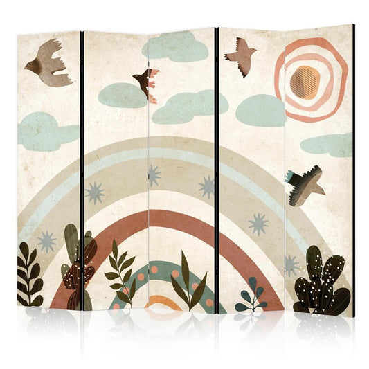 Room Divider - Sun Above the Rainbow - Birds in Subdued Colors Flying Among Clouds Above a Rainbow and Vegetation on a Light Beige Background- A 5 Panel Folding Screen For Living rooms, bedrooms or home office, decorative folding screen made with wood and canvas