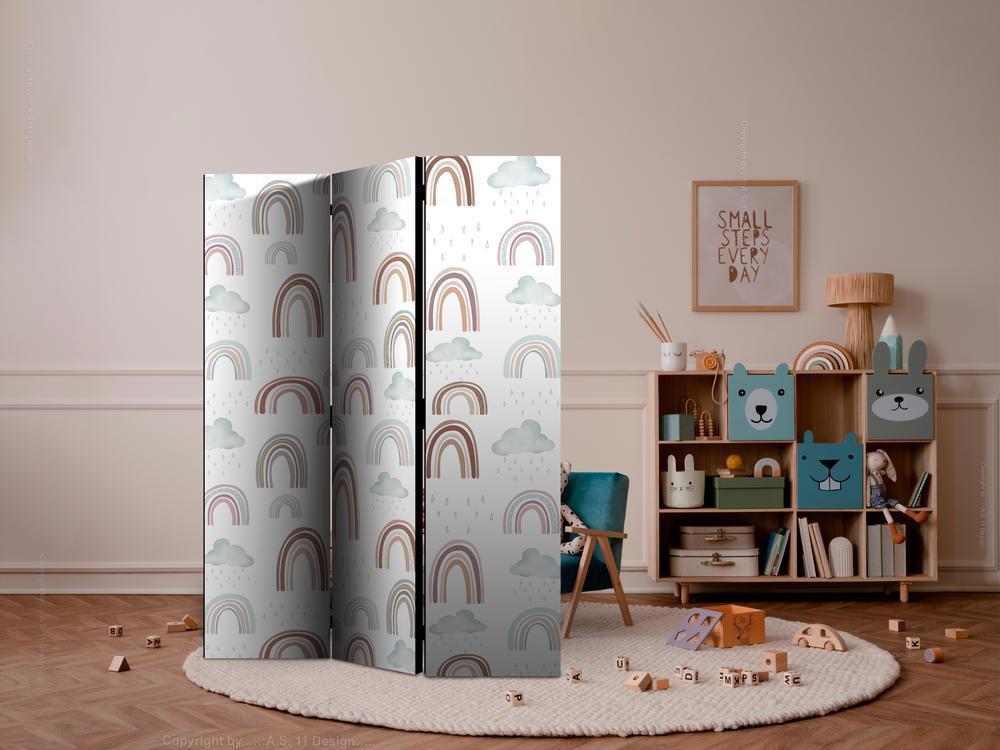 Room Divider - Rainbows and Clouds - Rainbows of Various Sizes in Muted Colors Among Rain Clouds in a Pale Blue Shade