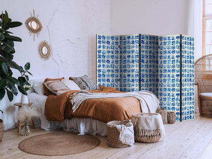 Room Divider - Ceramic Tiles - Traditional Portuguese Blue Tiles Azulejos- A 5 Panel Folding Screen For Living rooms, bedrooms or home office, decorative folding screen made with wood and canvas