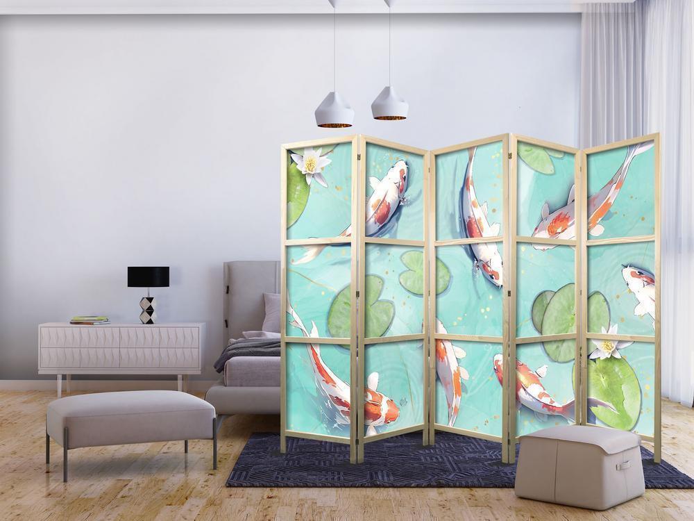 Japanese Room Divider - Spectacular Fish - White-Orange Koi Fish Swimming in Crystal Clear Water with Water Lilies