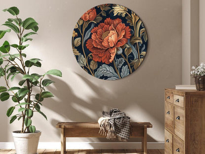 Round Canvas Print - Tapestry Large Flowers Retro Floral Motif in Kilim Style