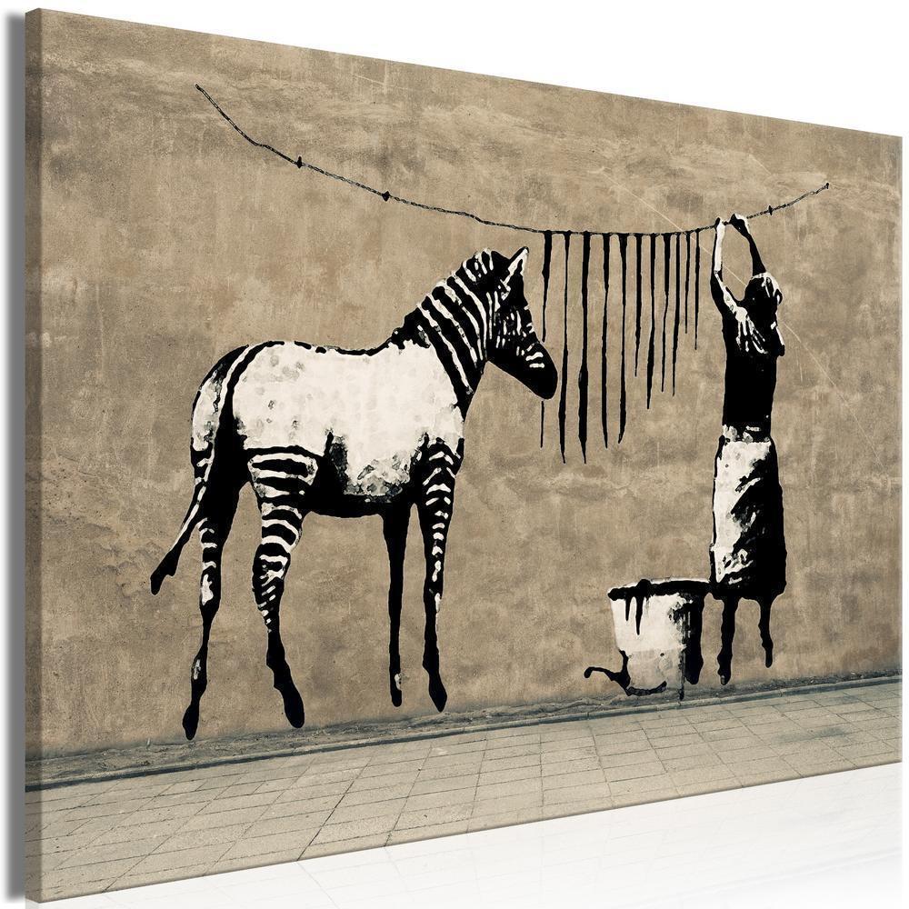Canvas Print - Banksy: Washing Zebra on Concrete (1 Part) Wide-ArtfulPrivacy-Wall Art Collection