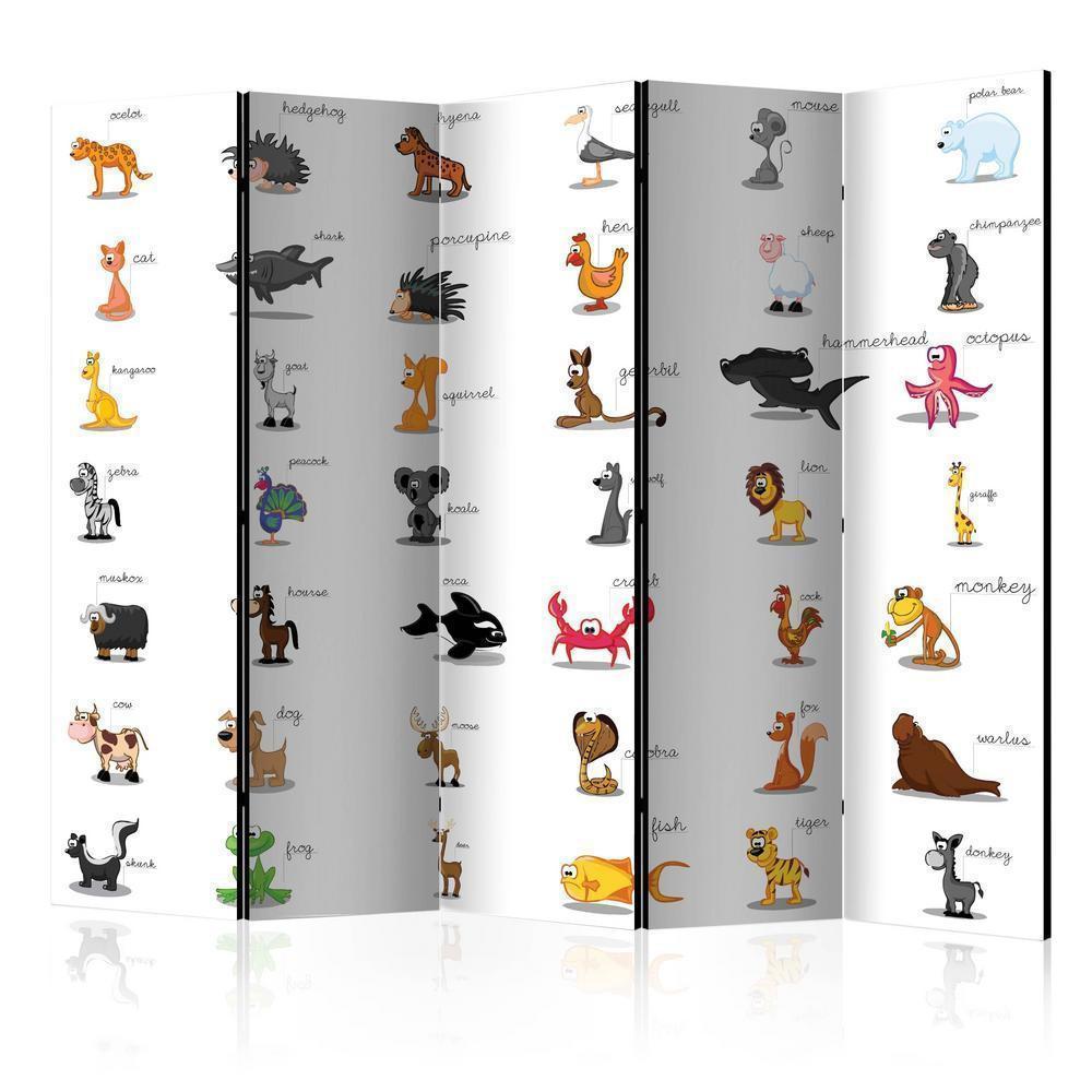 Room Divider - Learning by playing (animals) II- A 5 Panel Folding Screen For Living rooms, bedrooms or home office, decorative folding screen made with wood and canvas