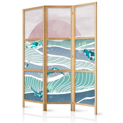 Japanese Room Divider - Koi Fish Among Waves - Japanese Fish Amidst Waves in Shades of Turquoise and White