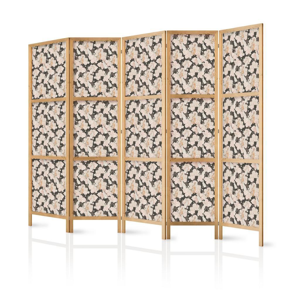 Japanese Room Divider - Among Pink Shrubs - White and Beige Rabbits on a Blooming Meadow