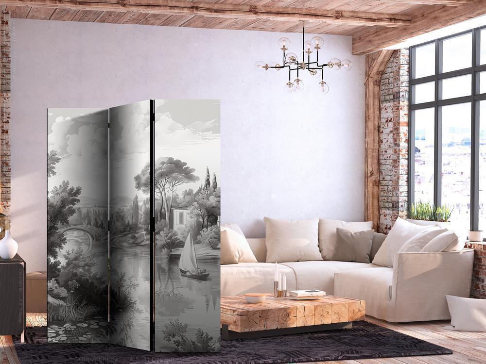 Room Divider - Black and White Vintage Landscape - Retro View of a Pond with a Boat