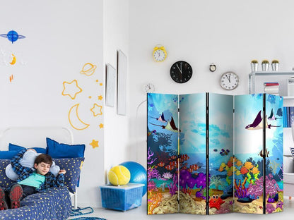 Room Divider - Colourful Fish II- A 5 Panel Folding Screen For Living rooms, bedrooms or home office, decorative folding screen made with wood and canvas