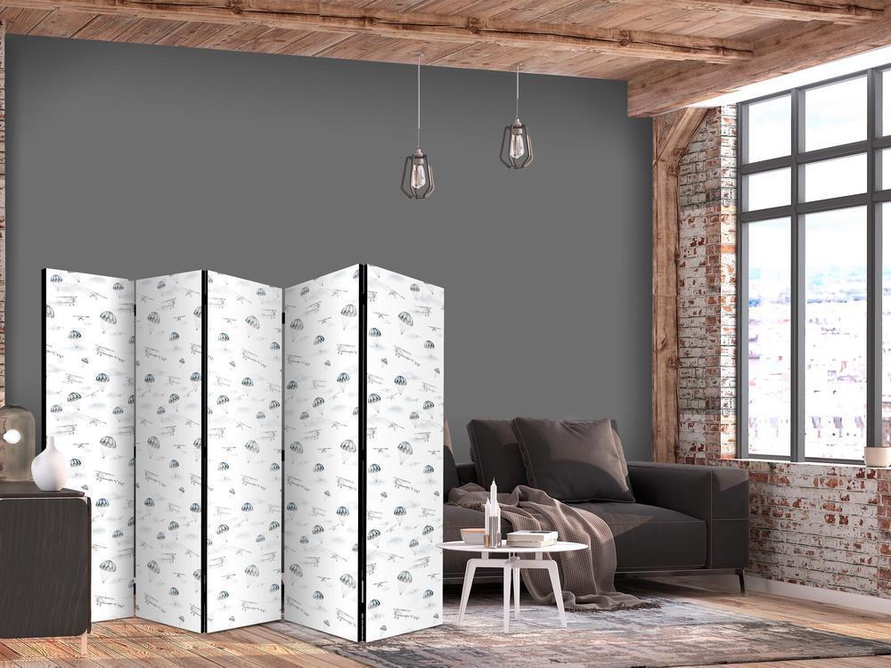 Room Divider - Watercolor - Air Show on a Bright Sky with Delicate Clouds- A 5 Panel Folding Screen For Living rooms, bedrooms or home office, decorative folding screen made with wood and canvas