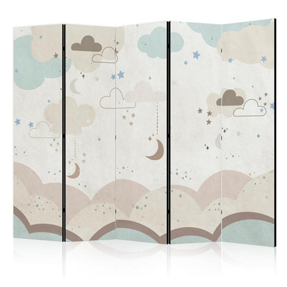 Room Divider - Cloudy Night Sky - Moons in Browns and Beiges Amid Numerous Clouds and Stars on a Light Background- A 5 Panel Folding Screen For Living rooms, bedrooms or home office, decorative folding screen made with wood and canvas