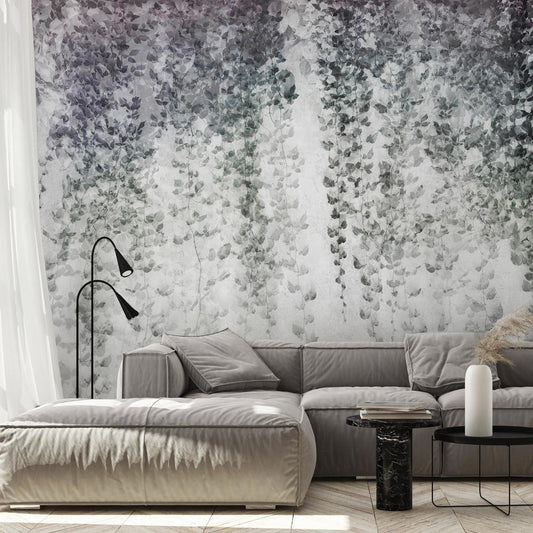 Wall Mural - Peaceful oasis - landscape of hanging black leaf vines on a grey background-Wall Murals-ArtfulPrivacy