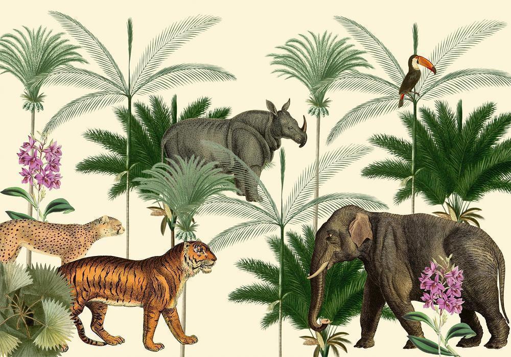 Wall Mural - Jungle Land With Animals in the Style of Old Engravings-Wall Murals-ArtfulPrivacy