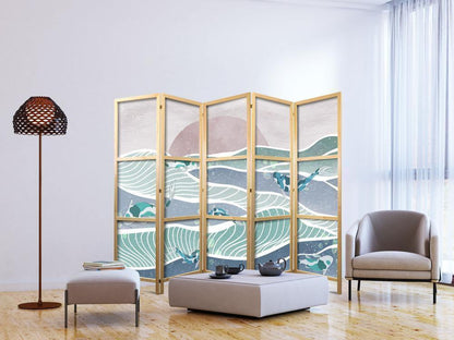 Japanese Room Divider - Koi Fish Among Waves - Japanese Fish Among Waves in Shades of Turquoise and White