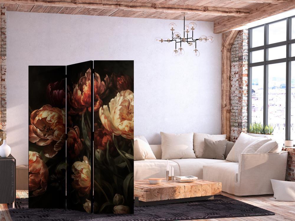 Room Divider - Magnificent Tulips - Bouquet of Flowers in Red and White on a Black Background