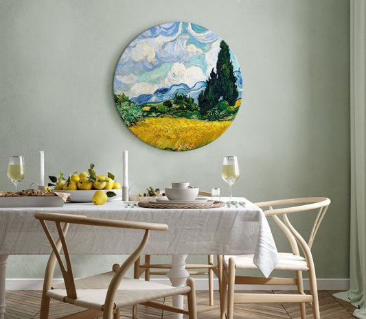 Circle shape wall decoration with printed design - Round Canvas Print - Vincent Van Gogh - A Landscape With a Yellow Field of Chrysanthemum and a Cypress Tree - ArtfulPrivacy