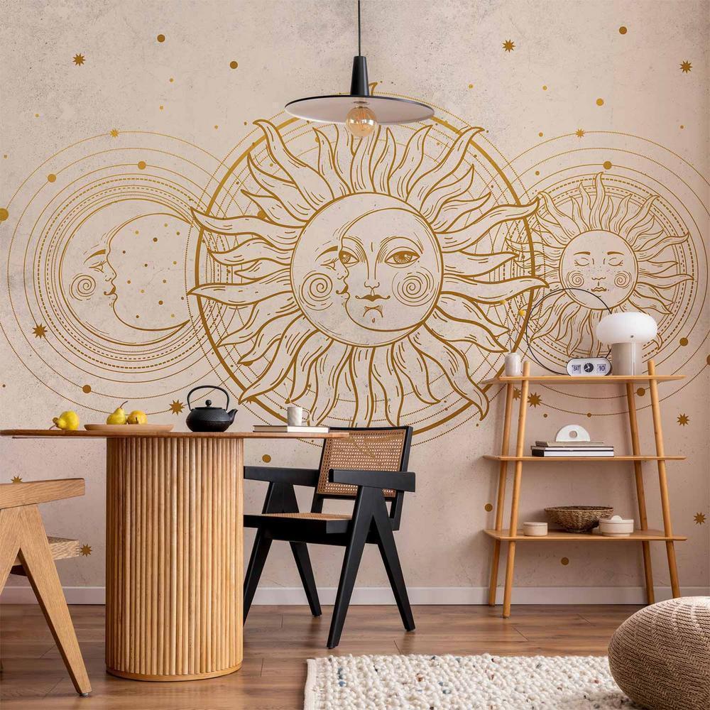 Wall Mural - Golden Sun and Moon - Artistic Illustration in Retro Style