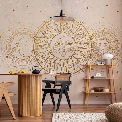 Peinture murale - Soleil et lune dorés - Illustration artistique de style rétro