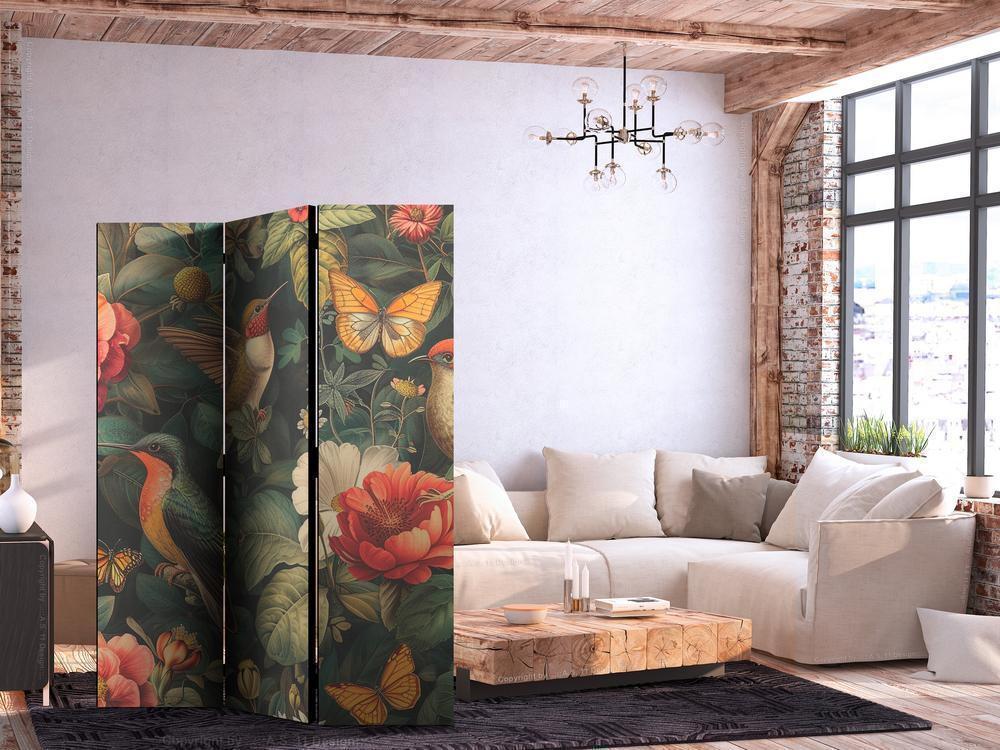 Room Divider - In the Botanical Garden - Flowers Birds and Butterflies - Colorful Illustration