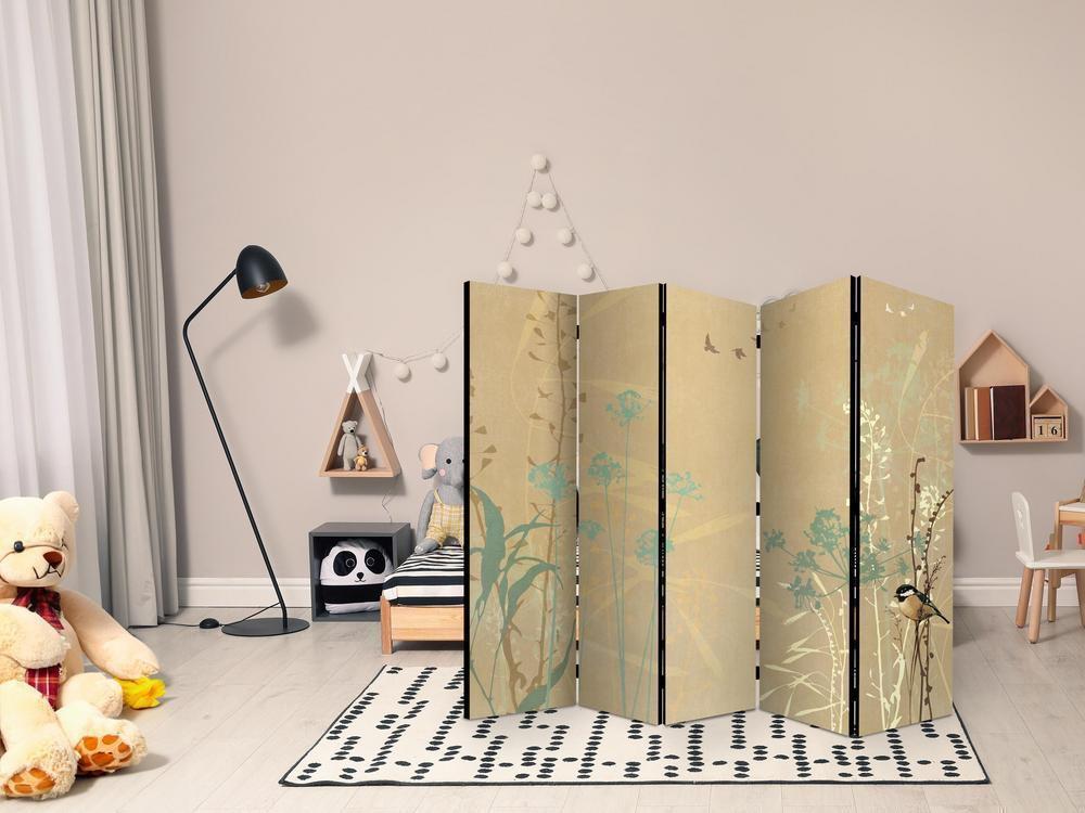 Room Divider - Tiny Bird - Colorful Grasses in Golden Shades of Sunset- A 5 Panel Folding Screen For Living rooms, bedrooms or home office, decorative folding screen made with wood and canvas