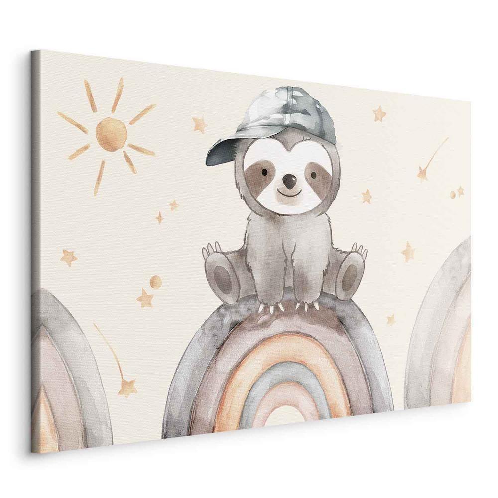 Canvas Print - Happy Sloth - Sloth in Subdued Colors Wearing a Cap Sitting on a Rainbow Among Little Stars