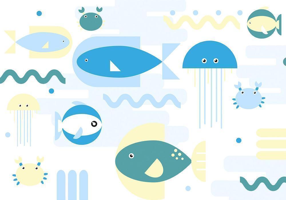 Wall Mural - Animals in the sea - geometric blue fish in water for kids-Wall Murals-ArtfulPrivacy