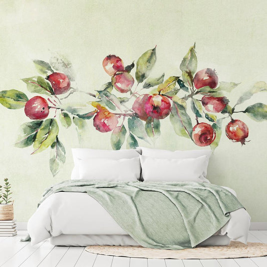 Wall Mural - Apple branch - delicate landscape with a plant and apples on a white background-Wall Murals-ArtfulPrivacy