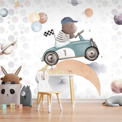 Wall Mural - Teddy Bear in a Racing Car-Wall Murals-ArtfulPrivacy