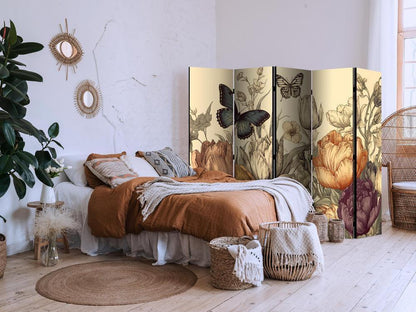 Room Divider - Tulips in Cream - Illustration of Flowers and Butterflies on a Light Background- A 5 Panel Folding Screen For Living rooms, bedrooms or home office, decorative folding screen made with wood and canvas