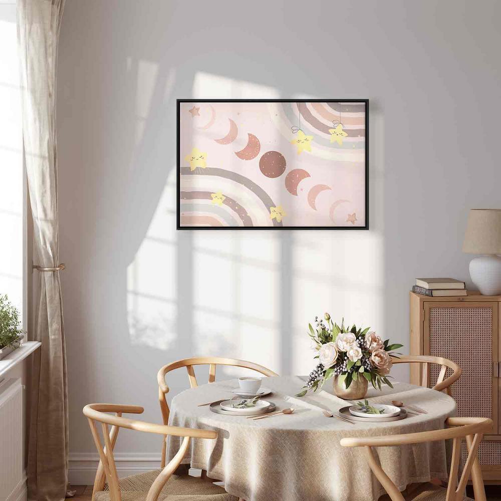 Canvas Print - Joyful Sky - Yellow Cheerful Stars with a Rainbow Against the Phases of the Moon in a Light Beige Sky Hue