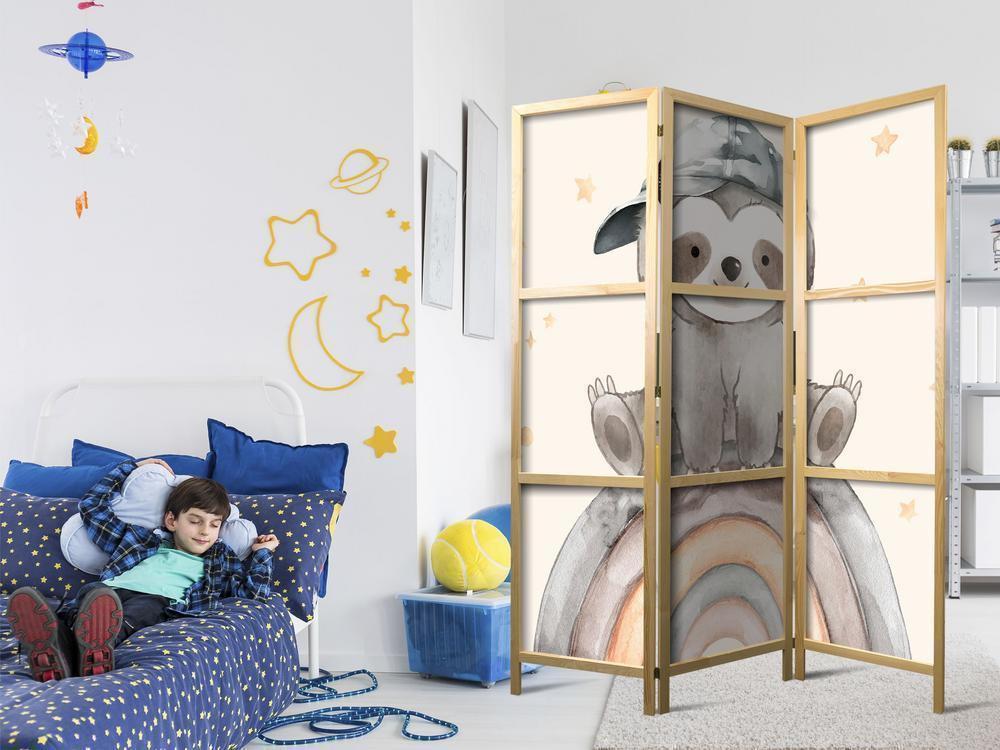 Japanese Room Divider - Happy Sloth - Sloth in muted colors - wearing a cap - sitting on a rainbow among the stars