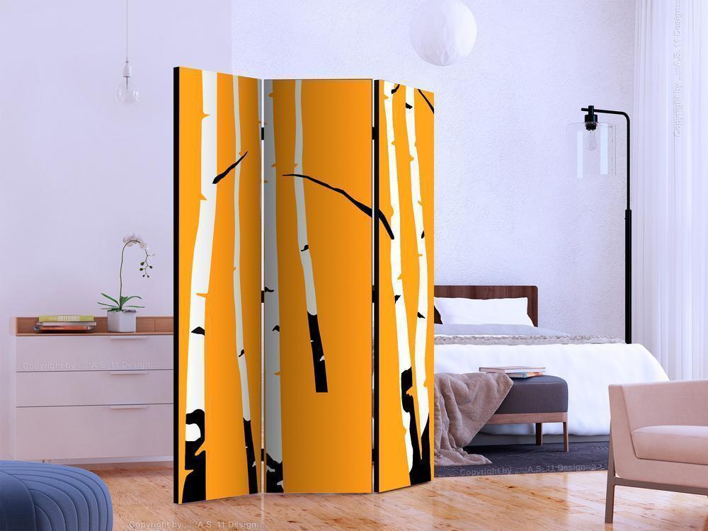 Decorative partition-Room Divider - Birches on the orange background-Folding Screen Wall Panel by ArtfulPrivacy