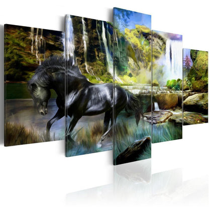 Canvas Print - Black horse on the background of paradise waterfall-ArtfulPrivacy-Wall Art Collection