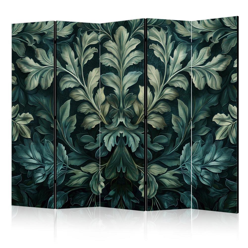 Room Divider - Dark Green Victorian Leaves - Botanical Carved Composition- A 5 Panel Folding Screen For Living rooms, bedrooms or home office, decorative folding screen made with wood and canvas