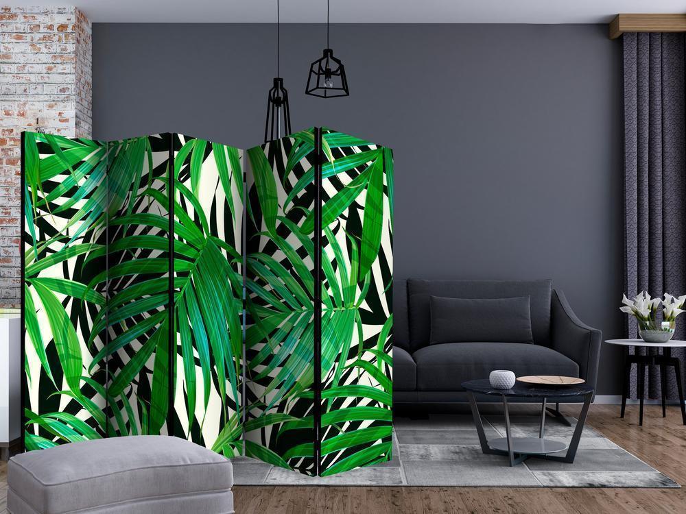 Room Divider - Tropical Leaves II- A 5 Panel Folding Screen For Living rooms, bedrooms or home office, decorative folding screen made with wood and canvas