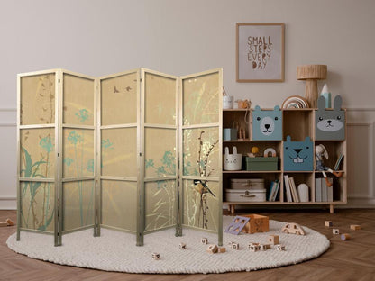 Japanese Room Divider - Tiny Bird - Colorful grasses in golden shades of sunset