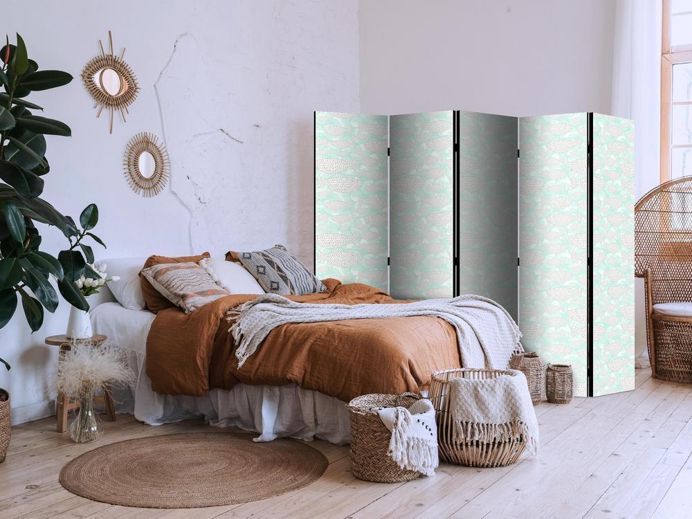 Room Divider - Minimalist Fish - Fishes With Grey Dots Against a Crystal Sheet of Water in Mint Green Colors- A 5 Panel Folding Screen For Living rooms, bedrooms or home office, decorative folding screen made with wood and canvas